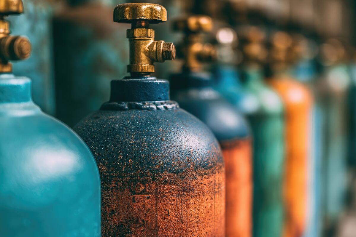 Rows of industrial compressed natural gas cylinders with brass valve regulators and color-coded pressure fittings