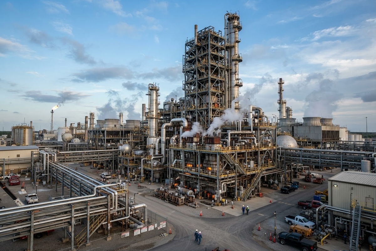 Ethylene production facility with cracking towers and industrial piping infrastructure